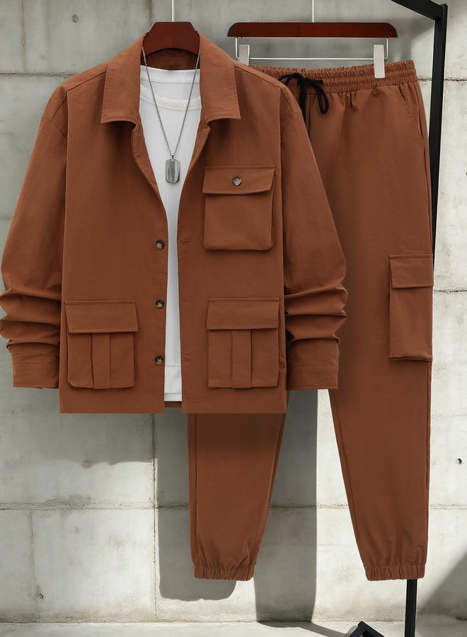 تايك تو طقم جاكيت بأزرار وتفاصيل جيوب وبنطلون برباط - Image 1